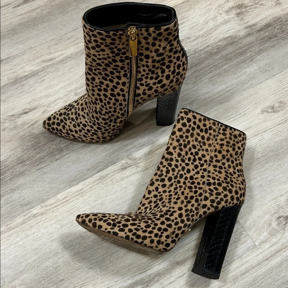 Michael Kors Leopard Calf Hair Embossed Leather Gold Zip Chunky Heel Ankle Boots